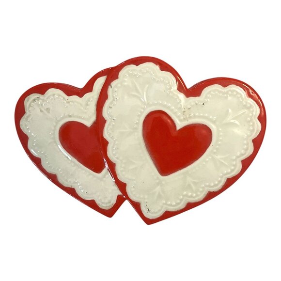 Vintage Double Heart Ceramic Trinket Box | Red & White | 1990s Valentine Keepsak - Picture 1 of 6